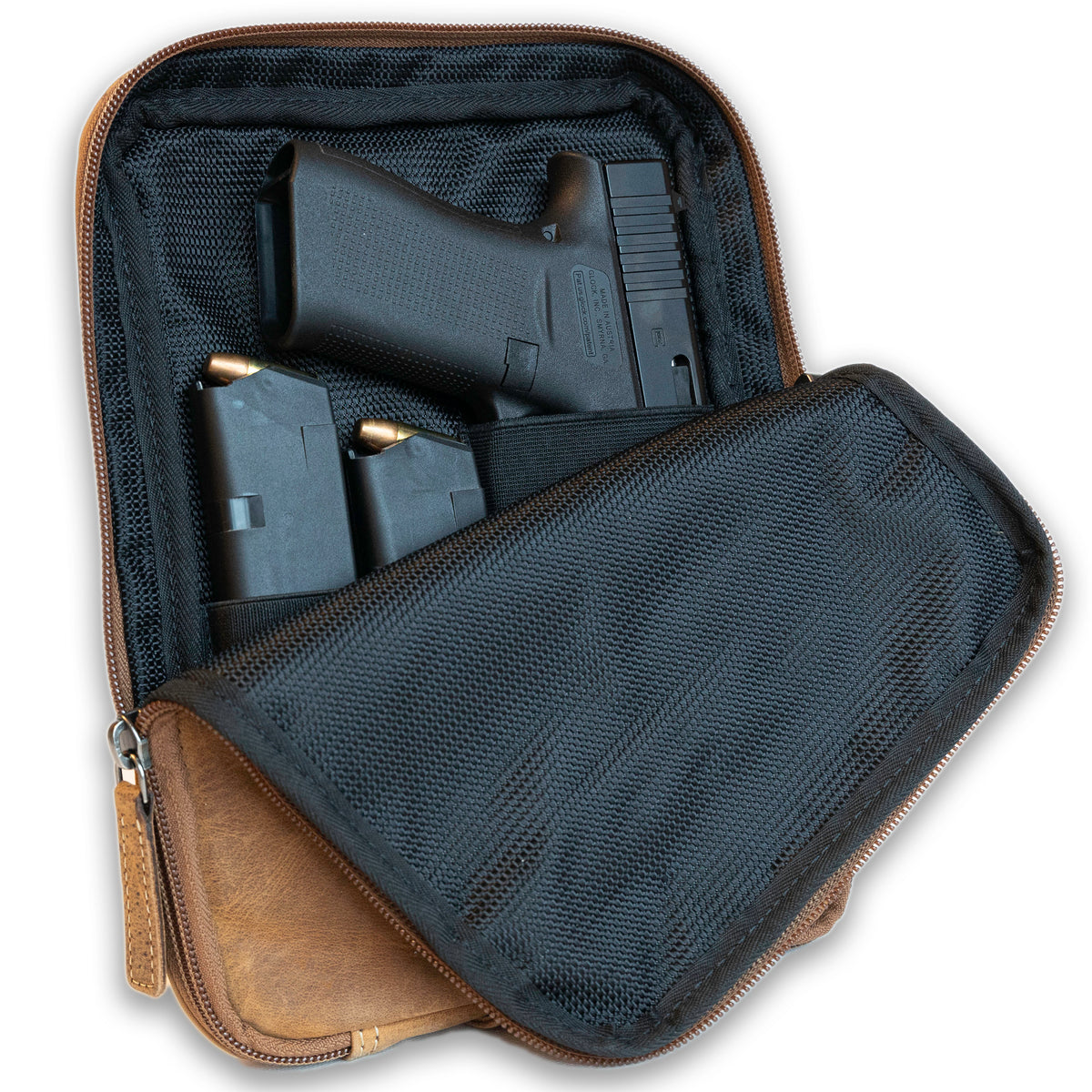 Leather Gun holster pouch for handguns up to 8 inches long-Brown