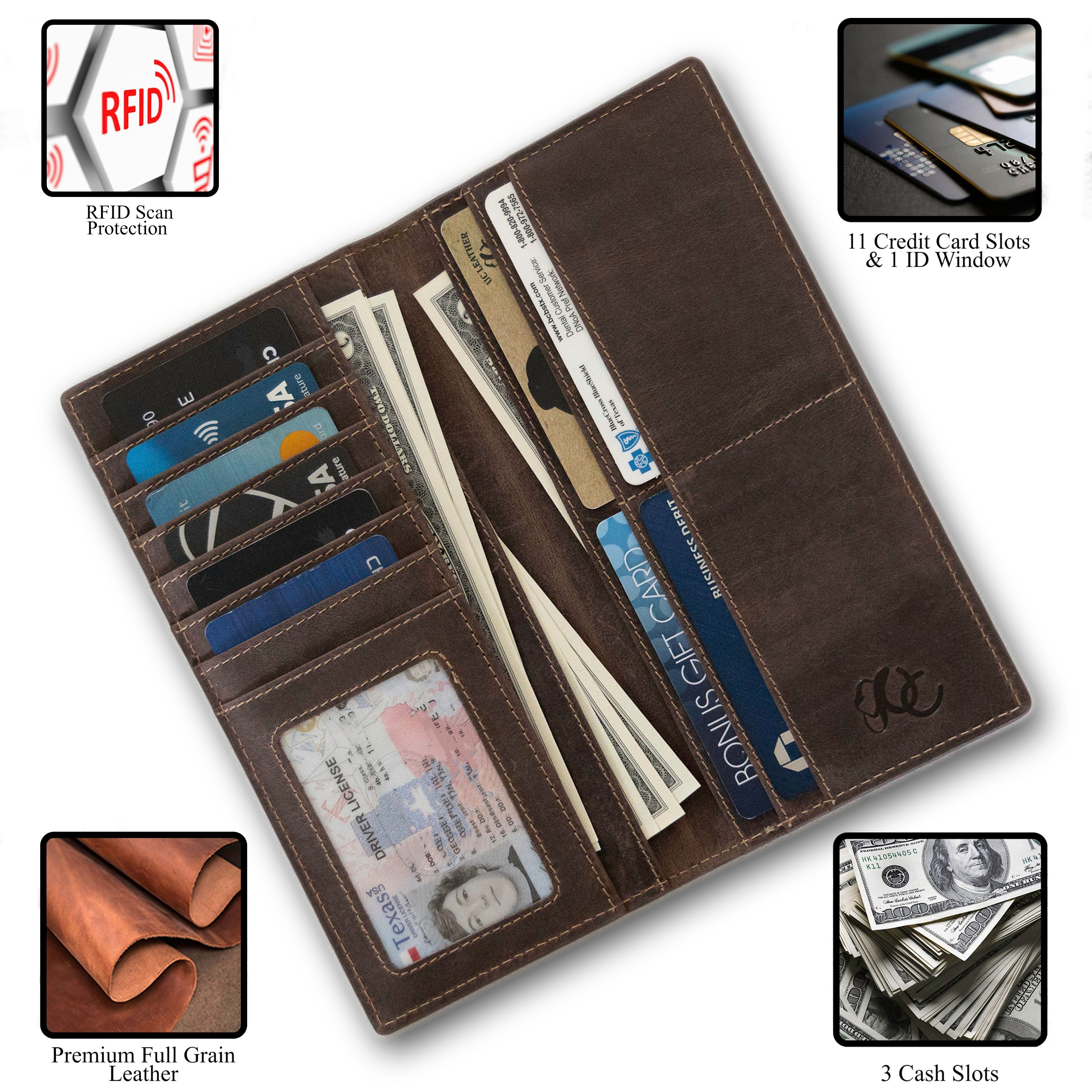 Leather rodeo wallet with tall design, full grain leather, RFID protection, multiple slots for cards, cash, and checkbook-Tooled -inside and details