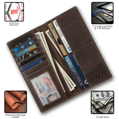 Leather rodeo wallet with tall design, full grain leather, RFID protection, multiple slots for cards, cash, and checkbook-Tooled -inside and details