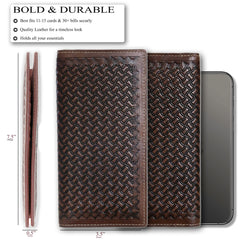 Leather rodeo wallet with tall design, full grain leather, RFID protection, multiple slots for cards, cash, and checkbook-Tooled-size and details