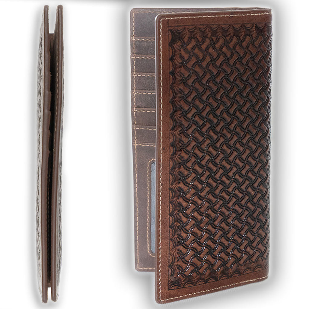 Leather rodeo wallet with tall design, full grain leather, RFID protection, multiple slots for cards, cash, and checkbook-Tooled-tall 