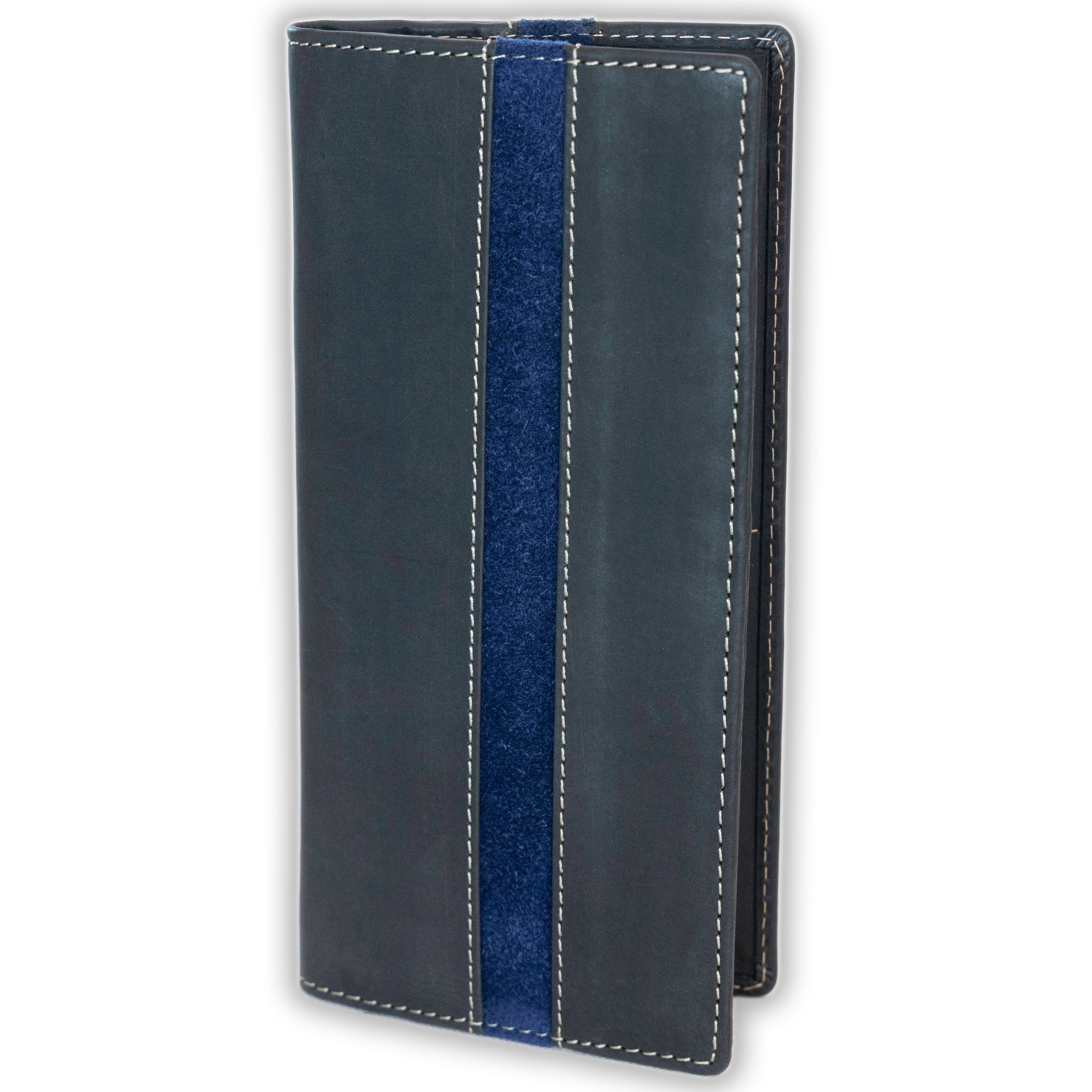 Leather rodeo wallet and blue suede line with tall design, full grain leather, RFID protection, multiple slots for cards, cash, and checkbook