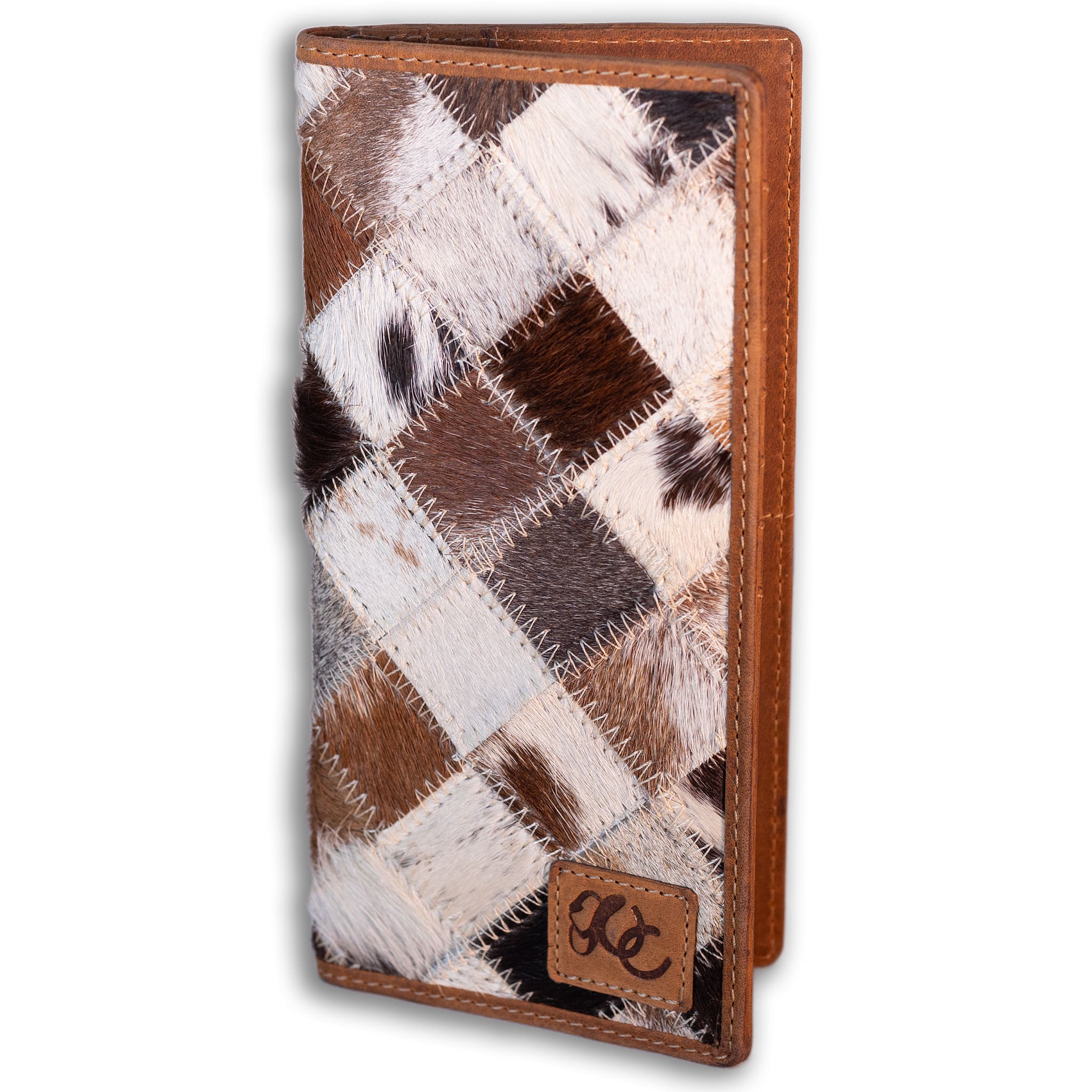 Patch and leather rodeo wallet with tall design, full grain leather, RFID protection, and multiple card slots 