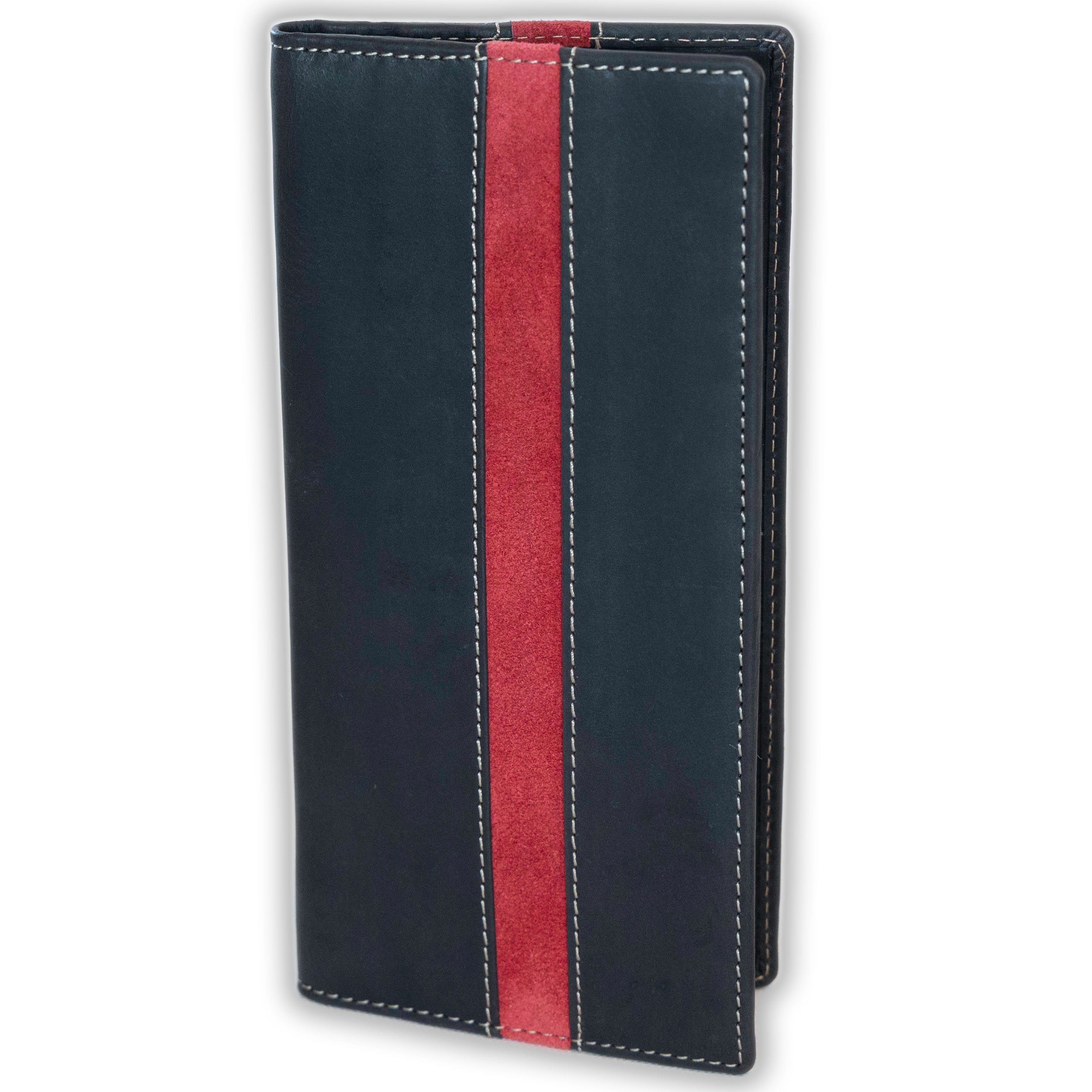 Leather rodeo wallet and red suede line with tall design, full grain leather, RFID protection, multiple slots for cards, cash, and checkbook