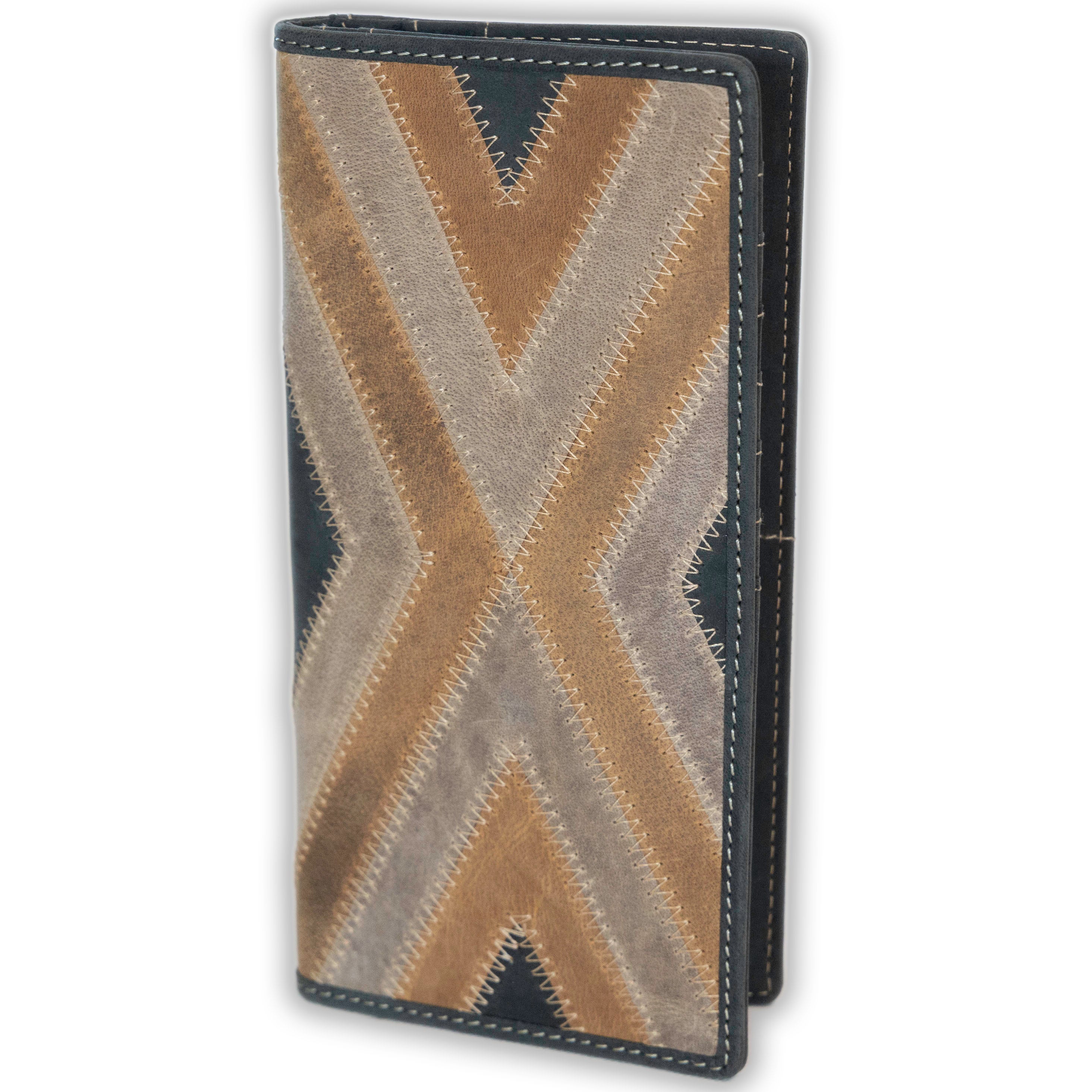 Leather rodeo wallet and stitched X in suede with tall design, full grain leather, RFID protection, multiple slots for cards, cash, and checkbook