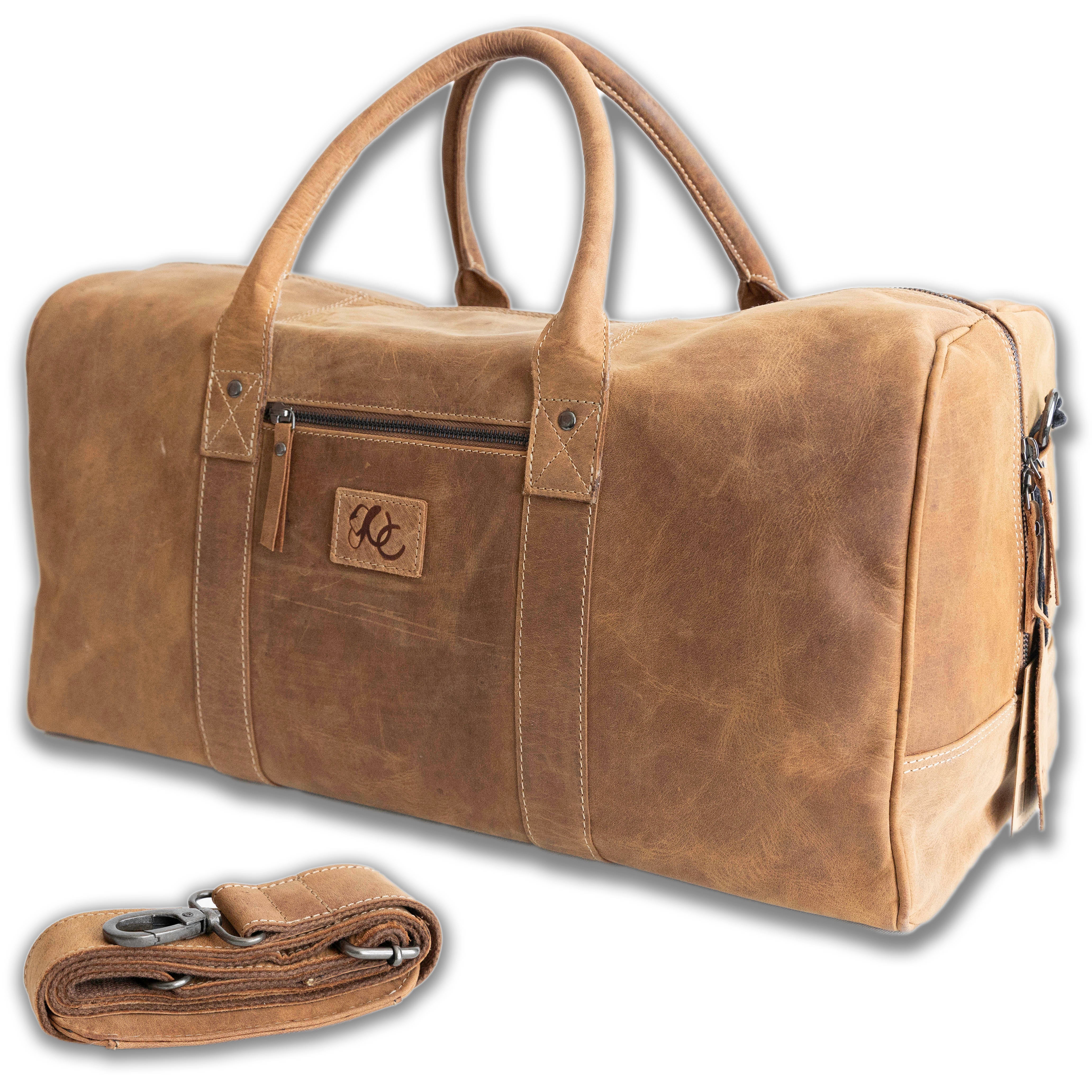 Full grain leather weekend travel bag with shoulder strap-Brown