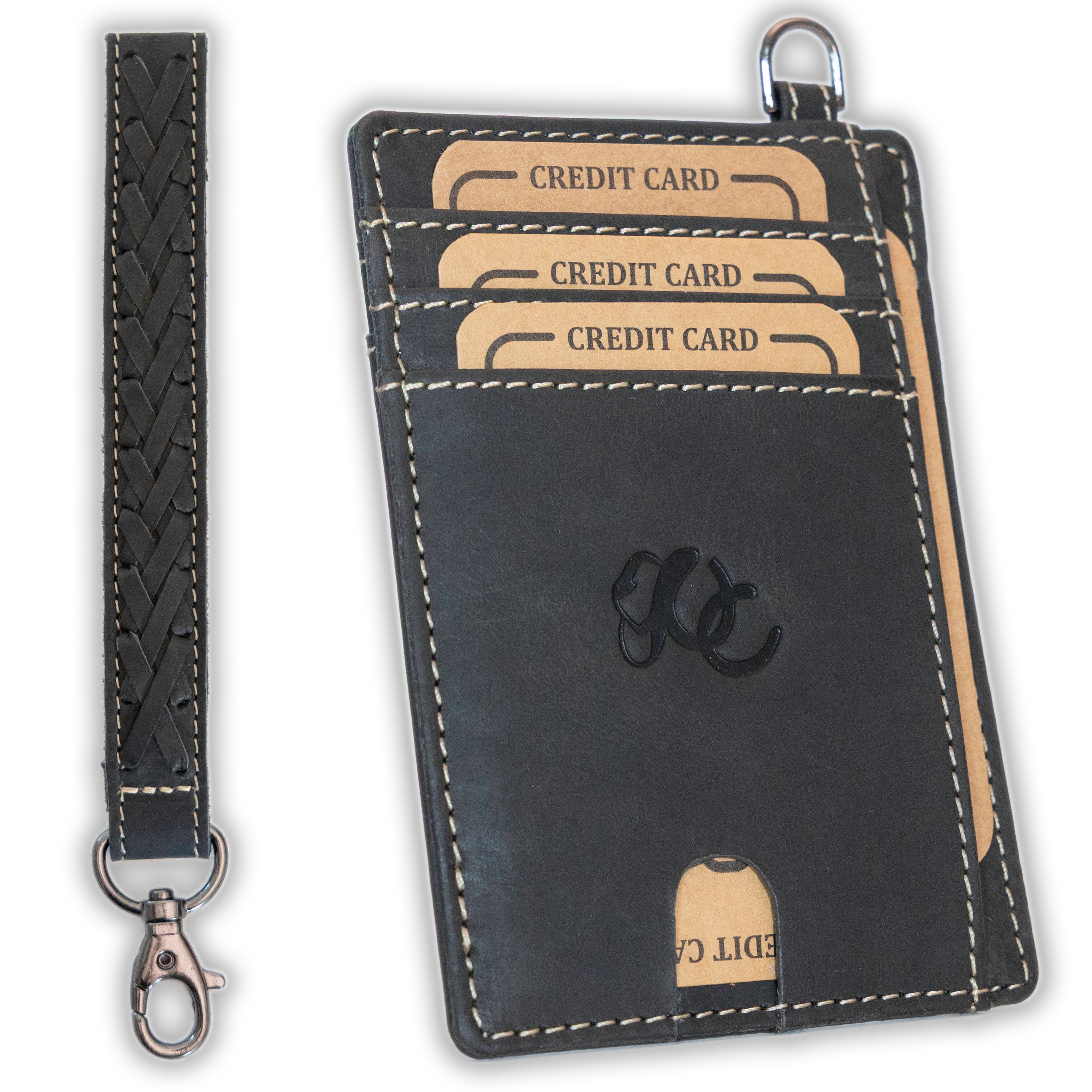 Minimalist RFID leather wallet with wrist strap- Black