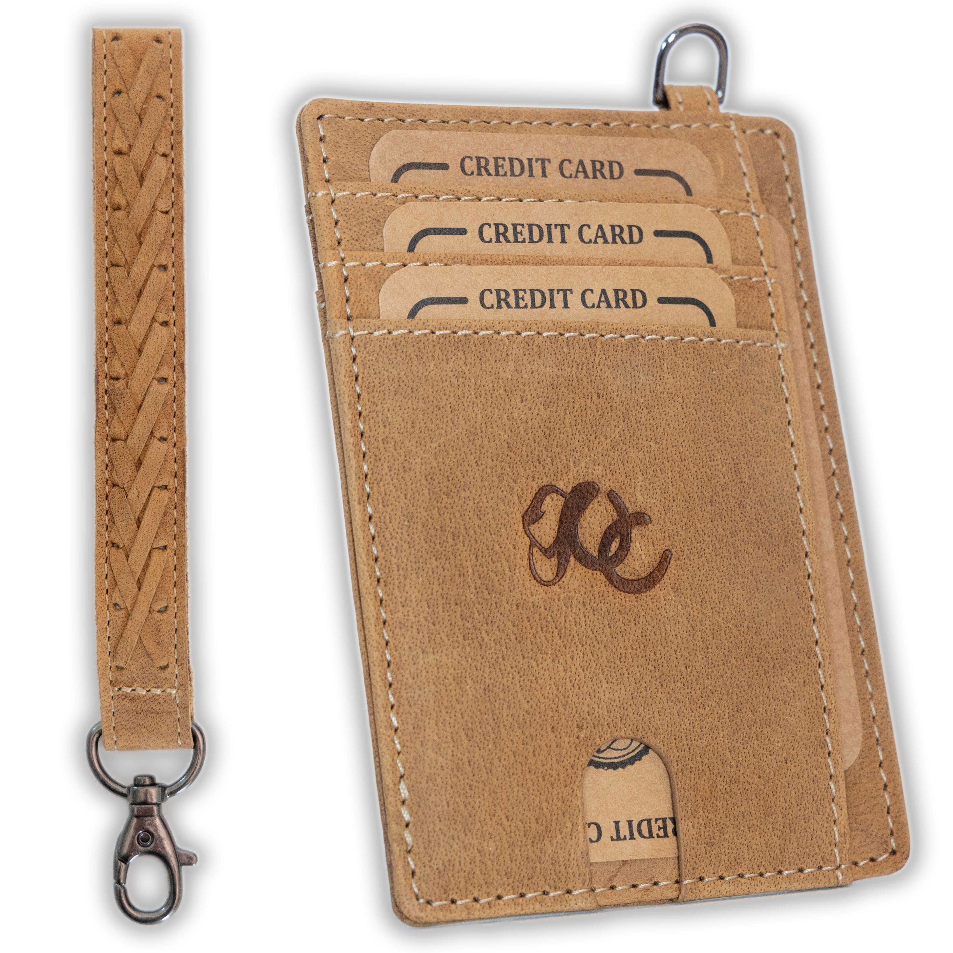 Minimalist RFID leather wallet with wrist strap- Brown