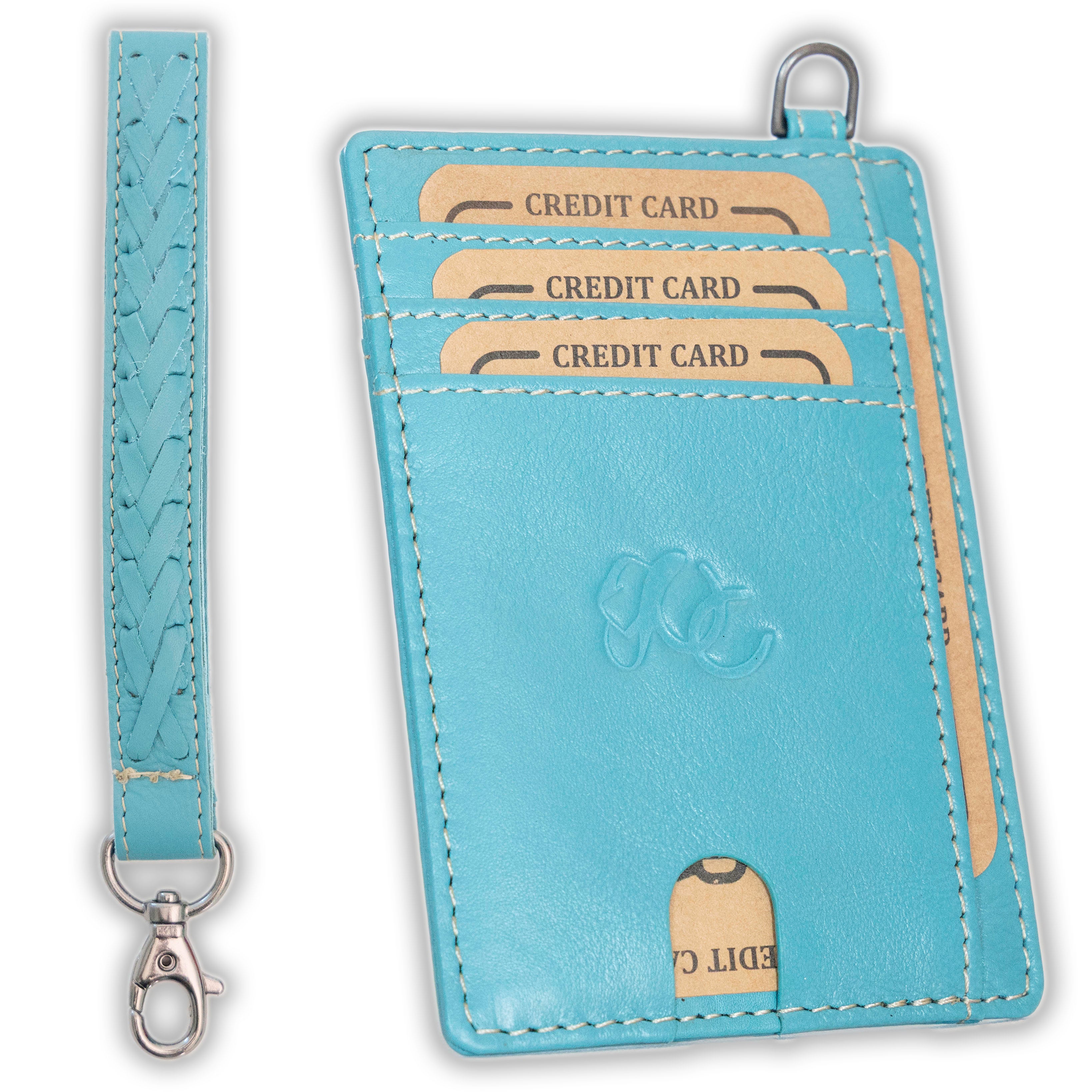 Minimalist RFID leather wallet with wrist strap- Turquoise