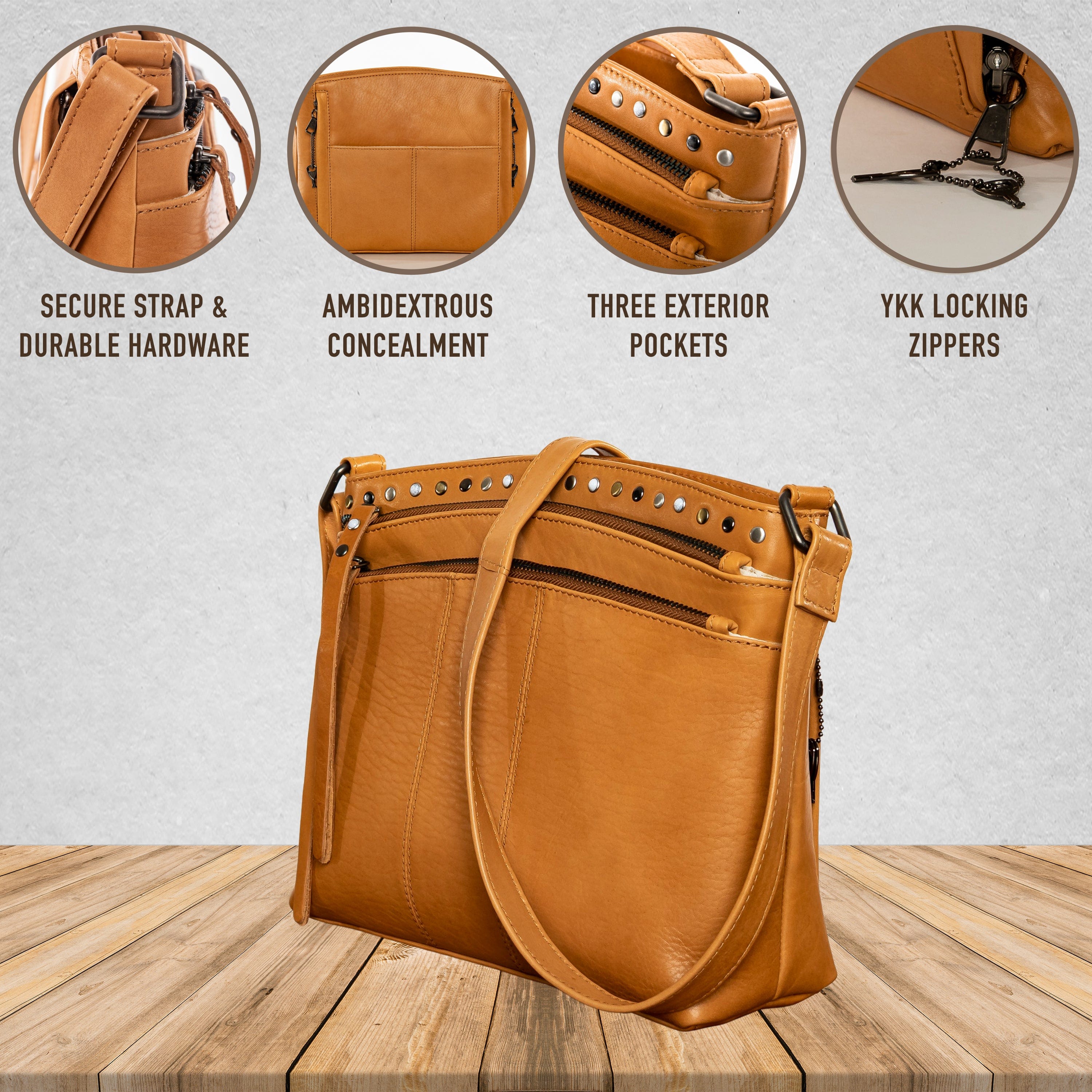 Concealed Carry Brynn Arched Leather Crossbody -  Lady Conceal -  Concealed Carry Purse - conceal and carry purse for women - tactical pistol bag - Locking Conceal and Carry Purse with Universal Holster for Handguns - Unique Hide Crossbody Gun and Pistol Bag