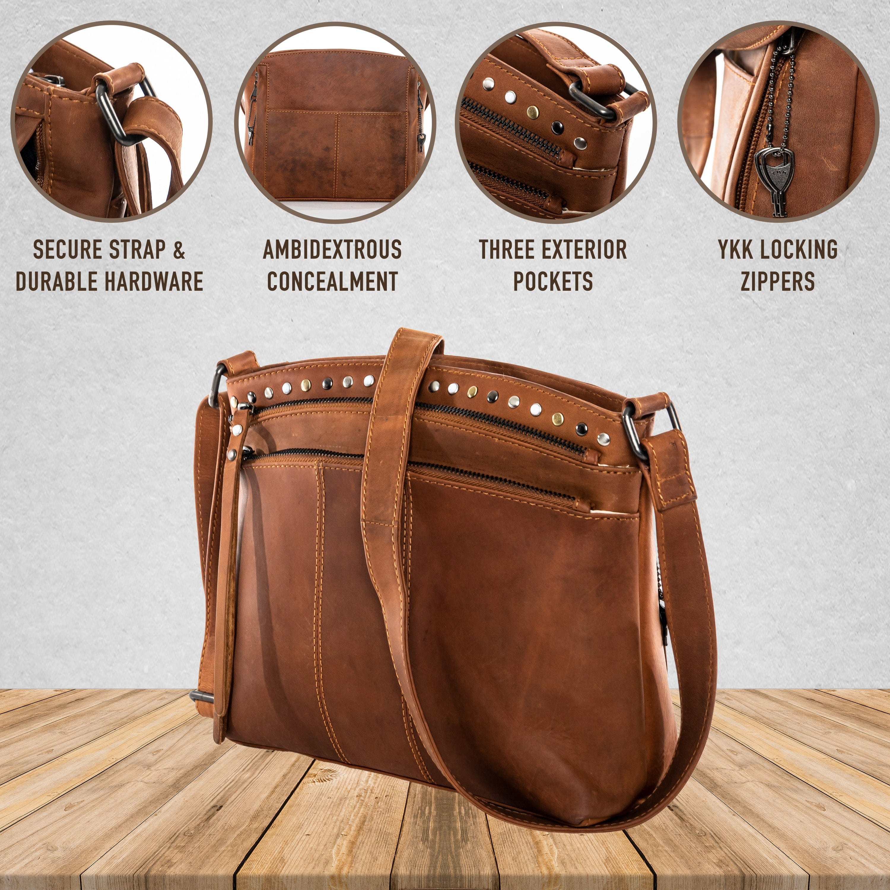 Concealed Carry Brynn Arched Leather Crossbody -  Lady Conceal -  Concealed Carry Purse - conceal and carry purse for women - tactical pistol bag - Locking Conceal and Carry Purse with Universal Holster for Handguns - Unique Hide Crossbody Gun and Pistol Bag