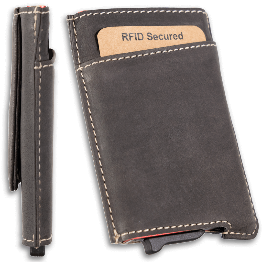 Black pop-up wallet with strong magnetic clip, full grain leather, RFID protection, and embossed UC Leather branding