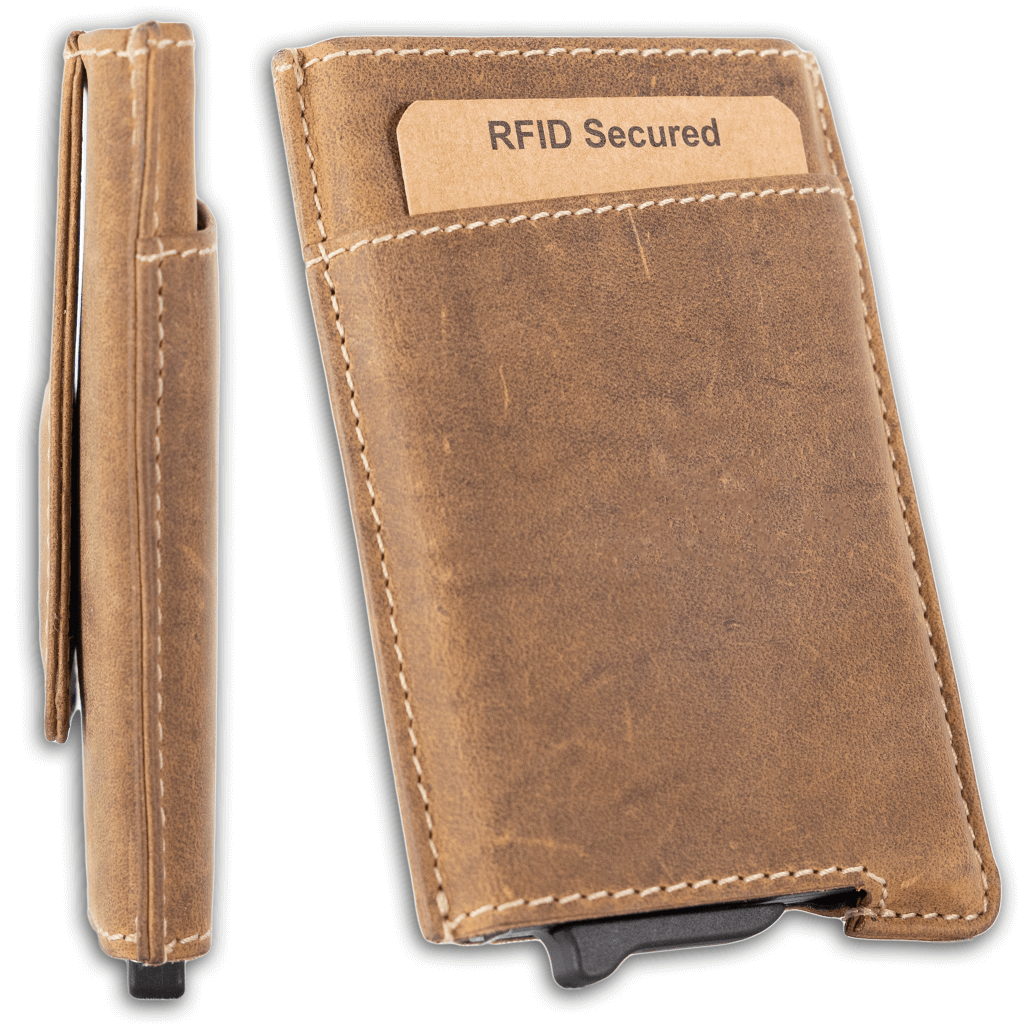 Brown pop-up wallet with strong magnetic clip, full grain leather, RFID protection, and embossed UC Leather branding