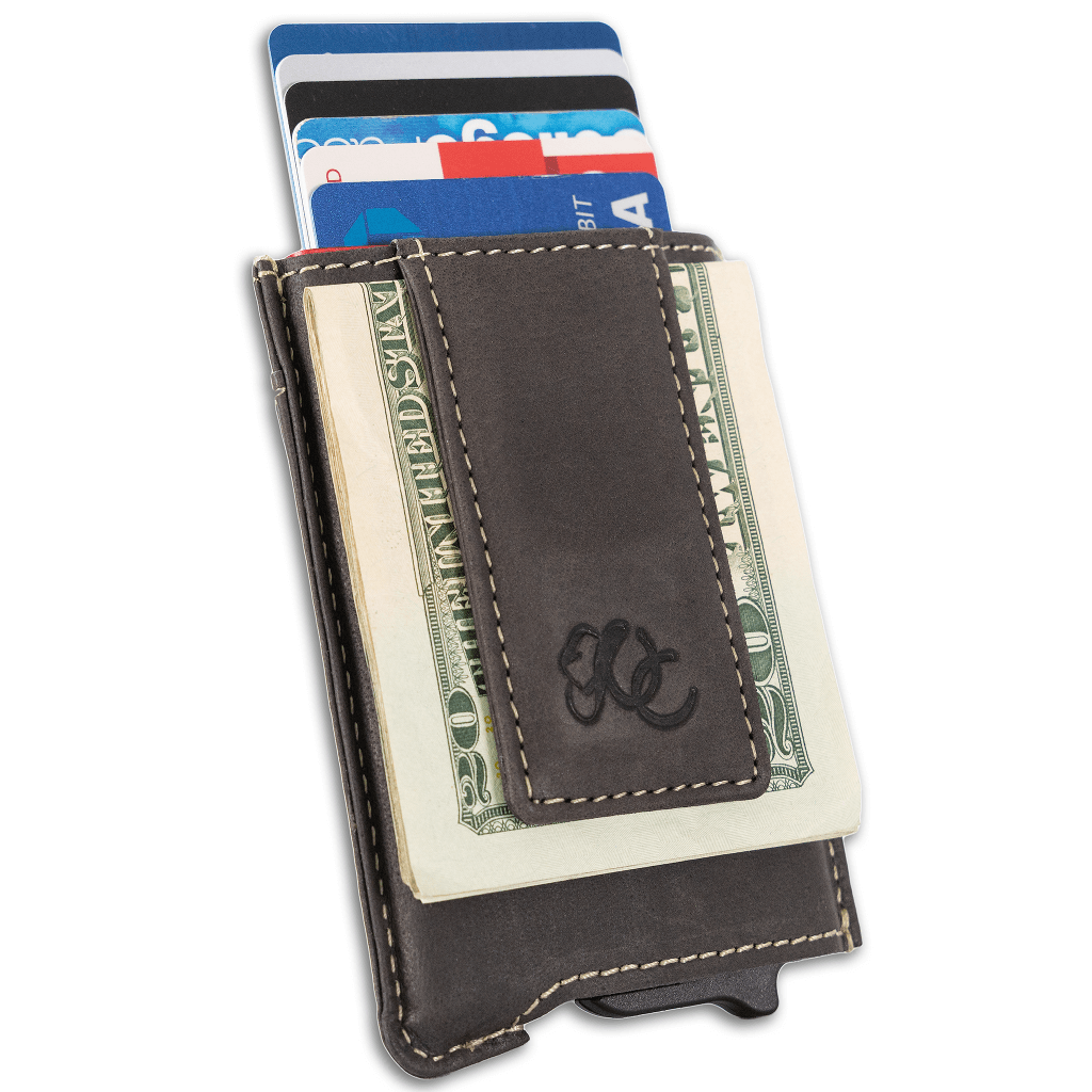 Black pop-up wallet with strong magnetic clip, full grain leather, RFID protection, and embossed UC Leather branding
