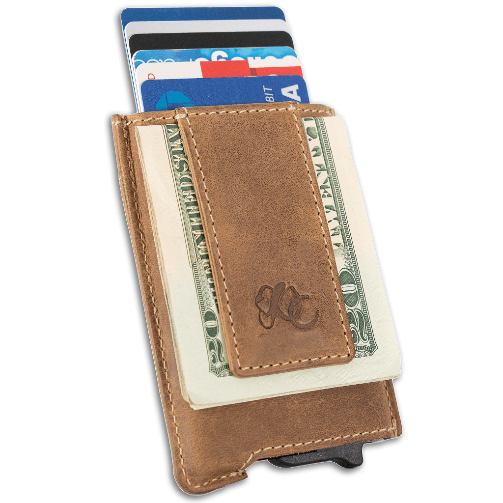 Full grain leather auto pop-up wallet,  strong magnetic clip with RFID blocking, UC Leather Logo - Brown
