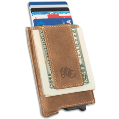 Full grain leather auto pop-up wallet,  strong magnetic clip with RFID blocking, UC Leather Logo - Brown