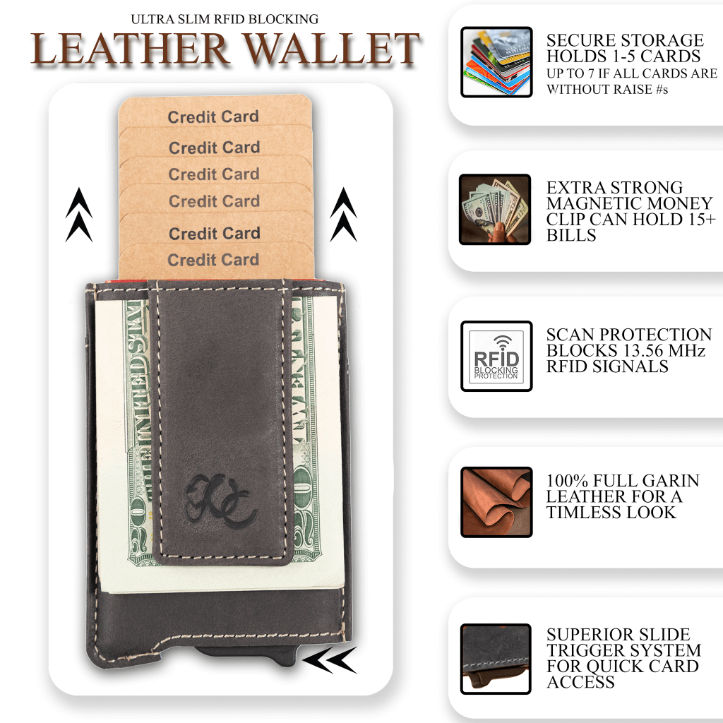 Black pop-up wallet with strong magnetic clip, full grain leather, RFID protection, and embossed UC Leather branding