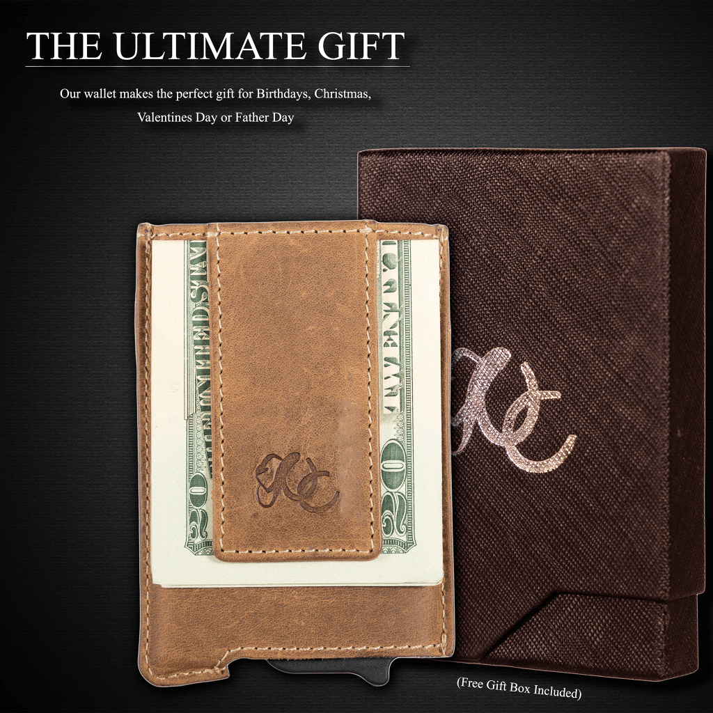 Brown pop-up wallet with strong magnetic clip, full grain leather, RFID protection, and embossed UC Leather branding
