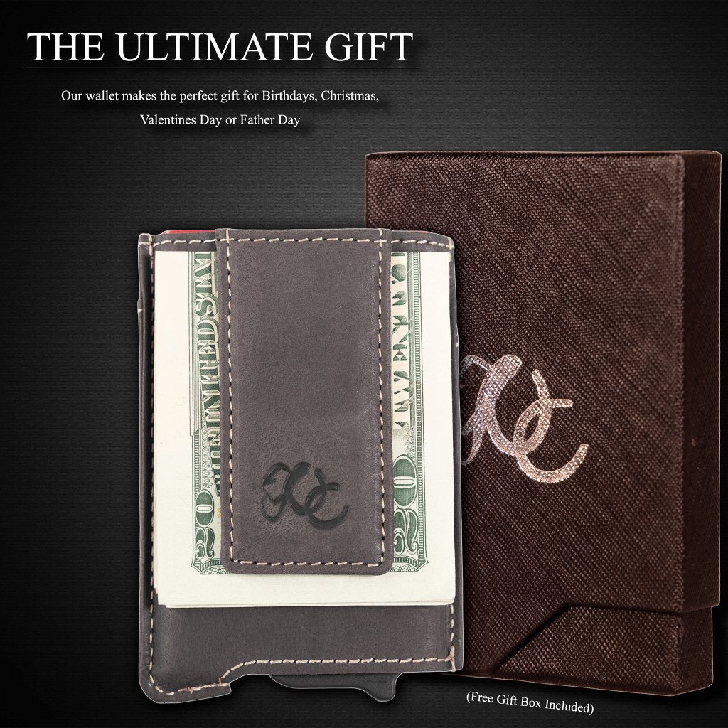 Black pop-up wallet with strong magnetic clip, full grain leather, RFID protection, and embossed UC Leather branding
