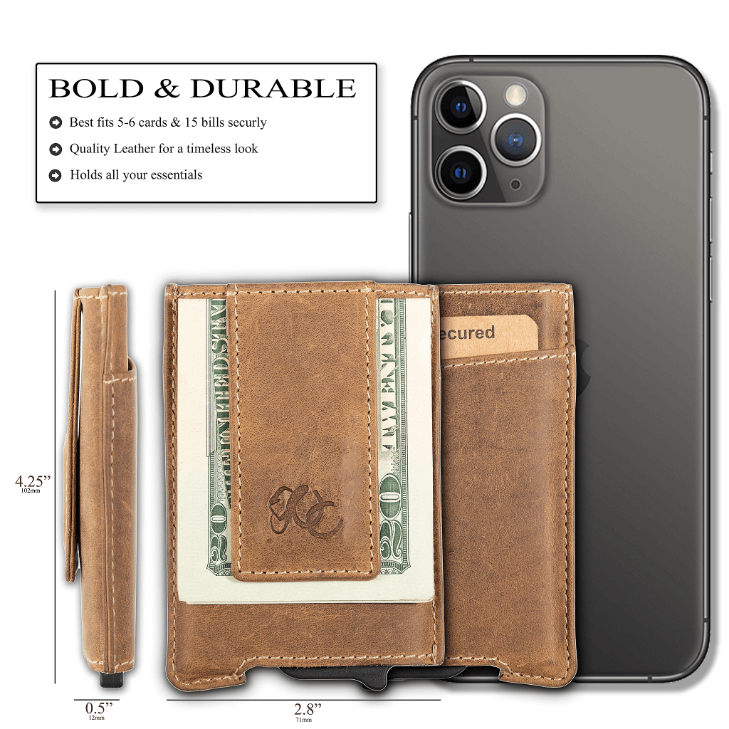 Brown pop-up wallet with strong magnetic clip, full grain leather, RFID protection, and embossed UC Leather branding