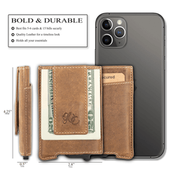 Brown pop-up wallet with strong magnetic clip, full grain leather, RFID protection, and embossed UC Leather branding