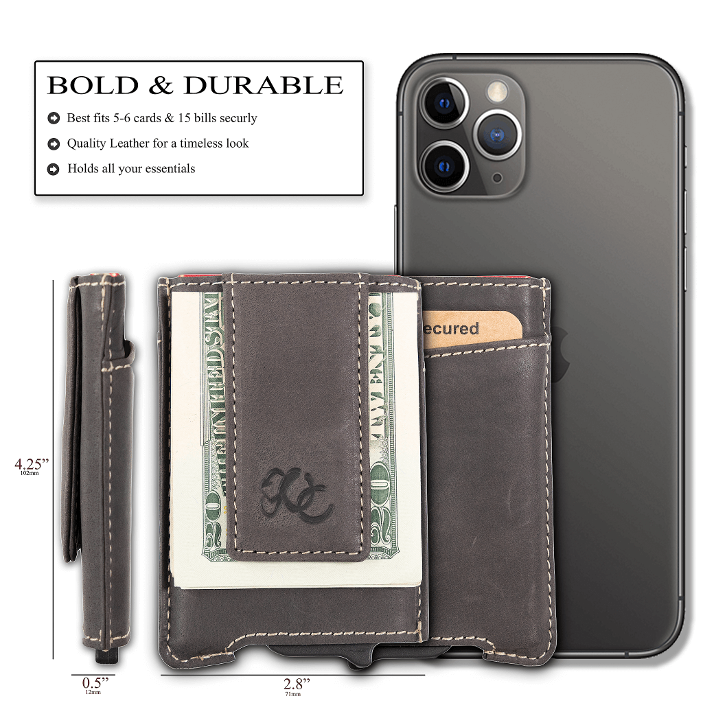 Black pop-up wallet with strong magnetic clip, full grain leather, RFID protection, and embossed UC Leather branding