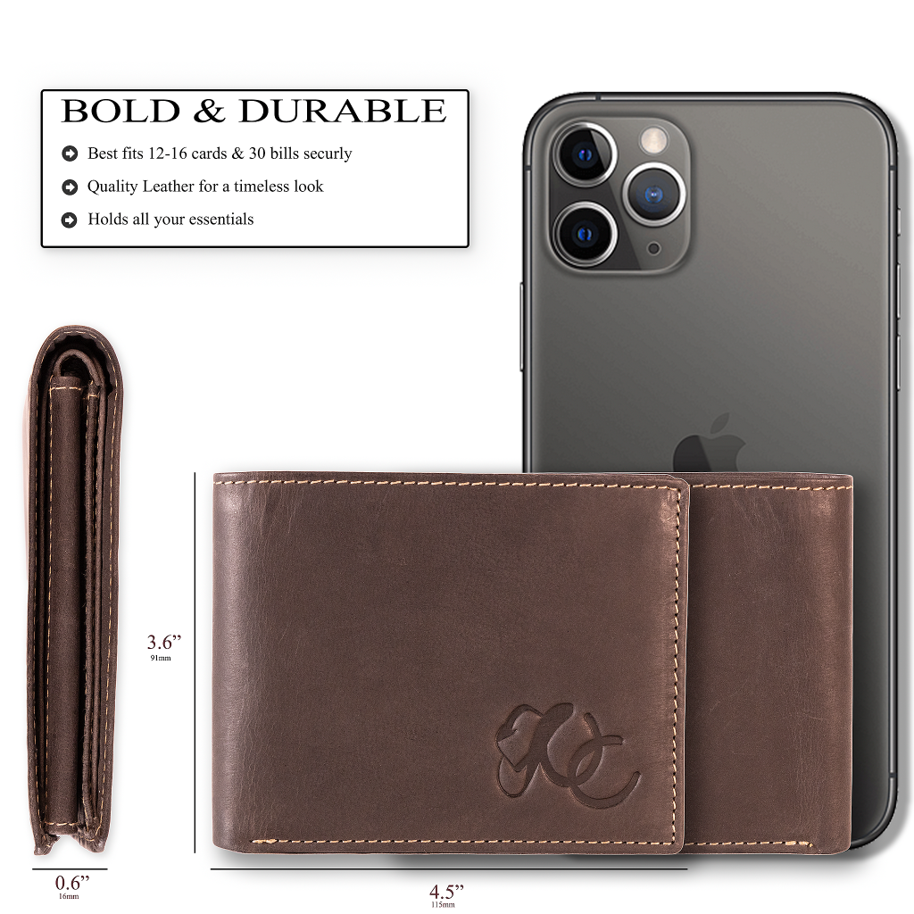 Full grain leather classic bifold wallet with RFID protection, multiple card slots, and durable rugged styling – Black- size comparison