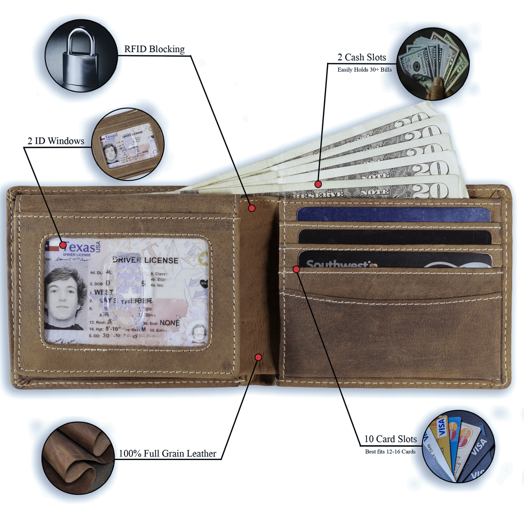 Full grain leather classic bifold wallet with RFID protection, multiple card slots, and durable rugged styling – Brown