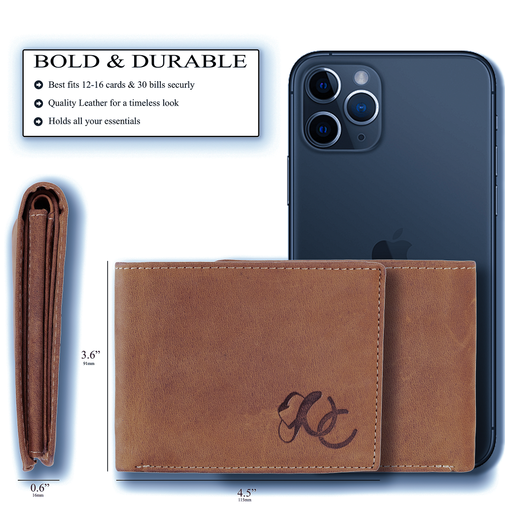 Full grain leather classic bifold wallet with RFID protection, multiple card slots, and durable rugged styling – Brown- size comparison