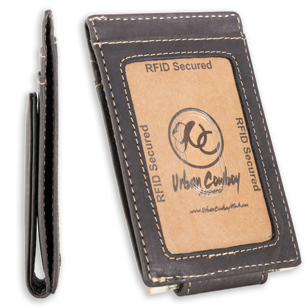 Slim front pocket wallet with full grain leather, RFID protection, magnetic cash clip, card slots, and rugged stitching-Black-Id window