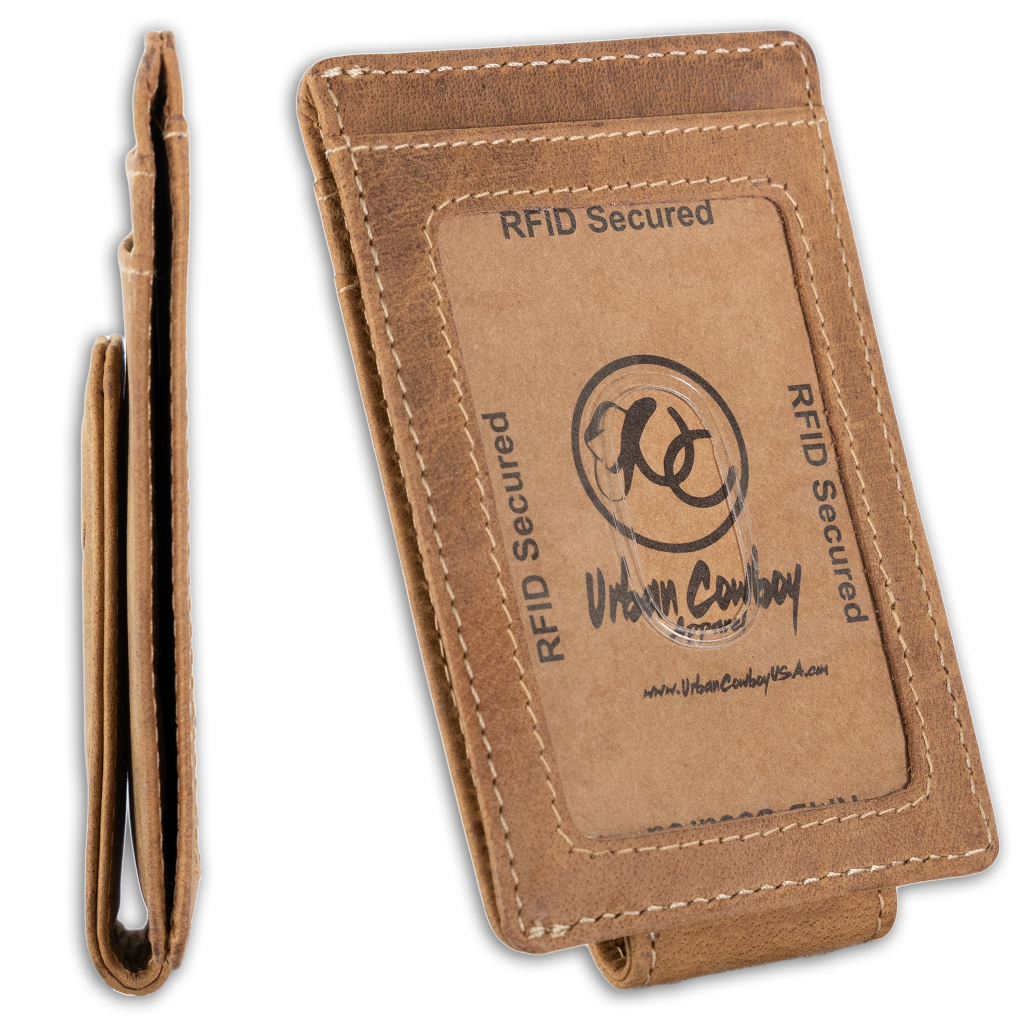 Slim front pocket wallet with full grain leather, RFID protection, magnetic cash clip, card slots, and rugged stitching-Brown- Id window