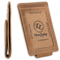 Slim front pocket wallet with full grain leather, RFID protection, magnetic cash clip, card slots, and rugged stitching-Brown- Id window