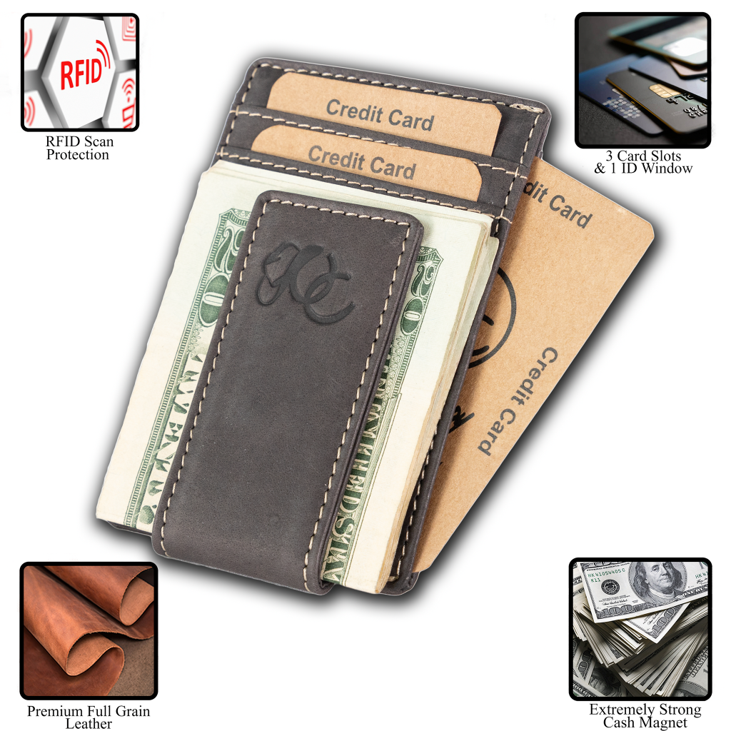 Slim front pocket wallet with full grain leather, RFID protection, magnetic cash clip, card slots, and rugged stitching-Black-details