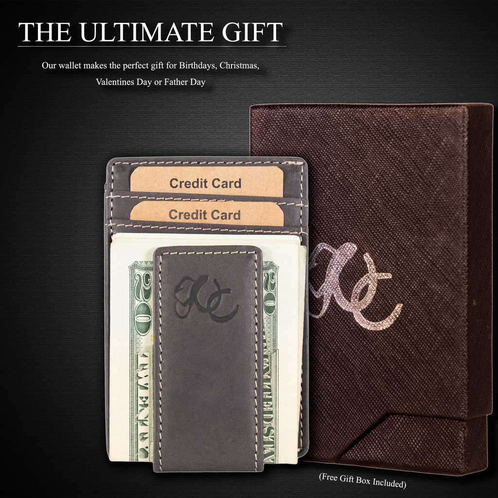 Slim front pocket wallet with full grain leather, RFID protection, magnetic cash clip, card slots, and rugged stitching-Black-Gift Box