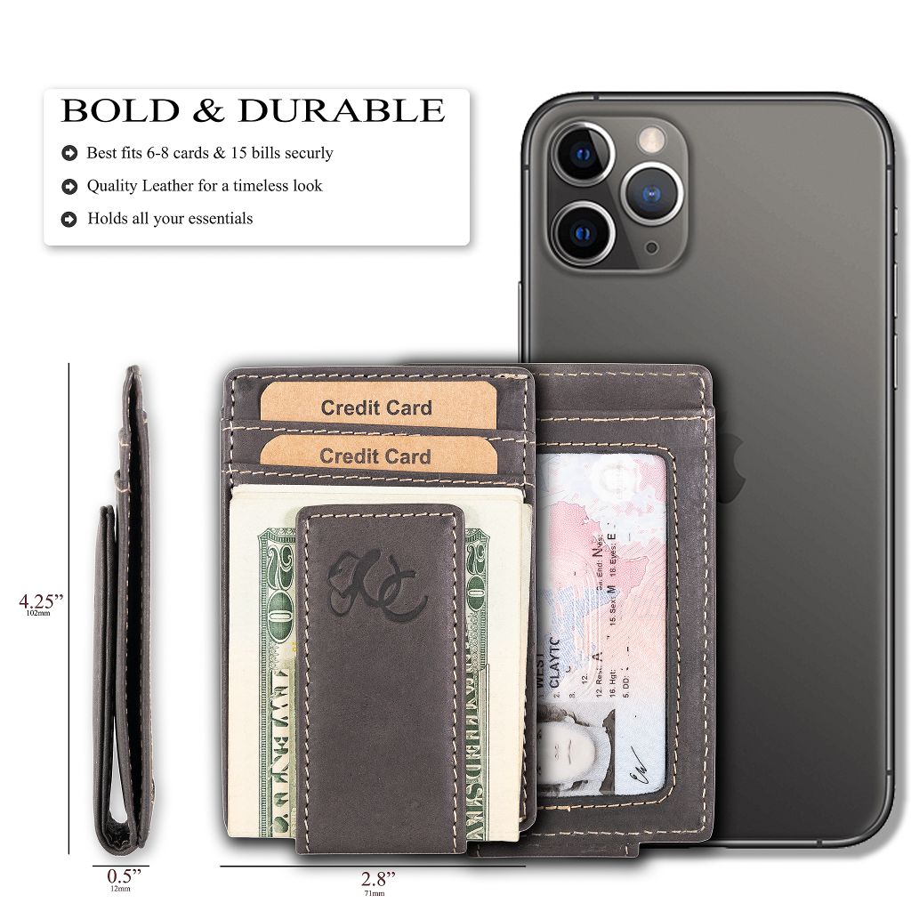 Slim front pocket wallet with full grain leather, RFID protection, magnetic cash clip, card slots, and rugged stitching-Black-size and details