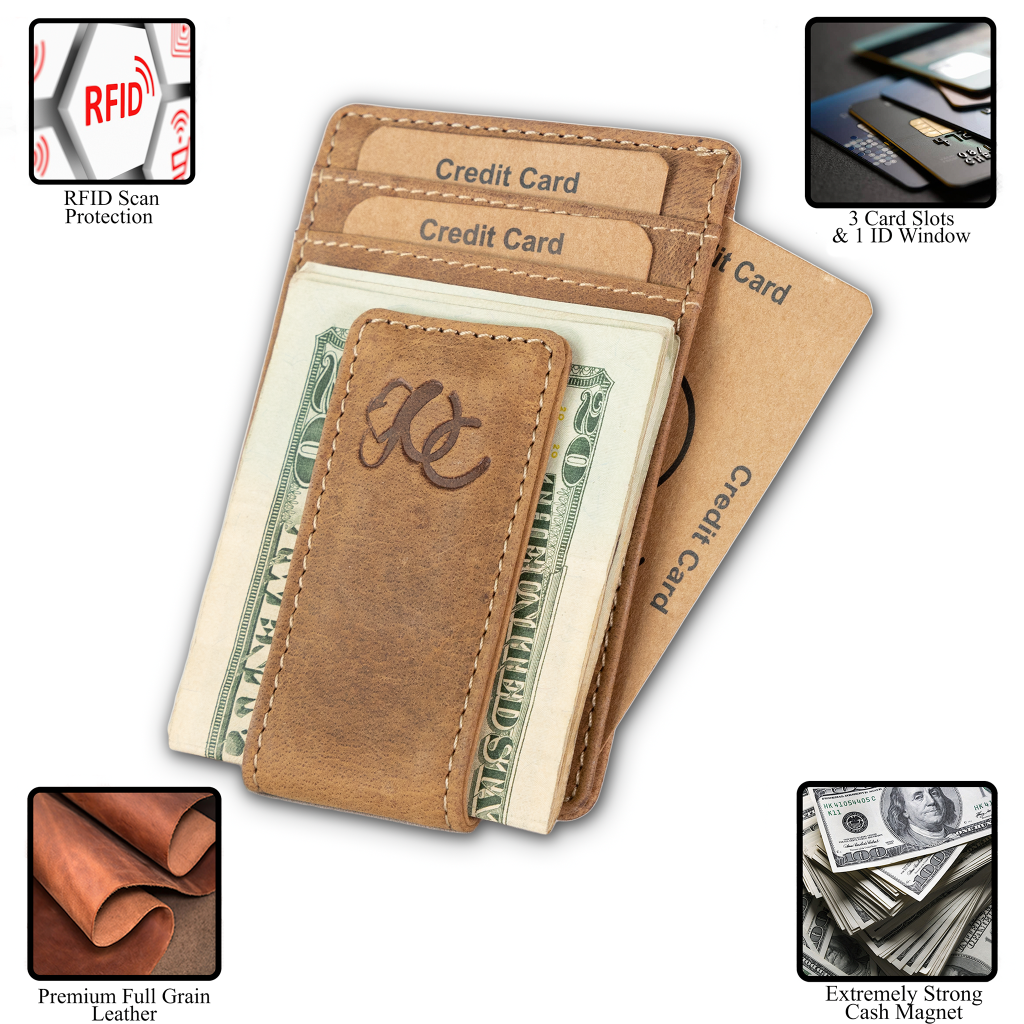 Slim front pocket wallet with full grain leather, RFID protection, magnetic cash clip, card slots, and rugged stitching-Brown with details