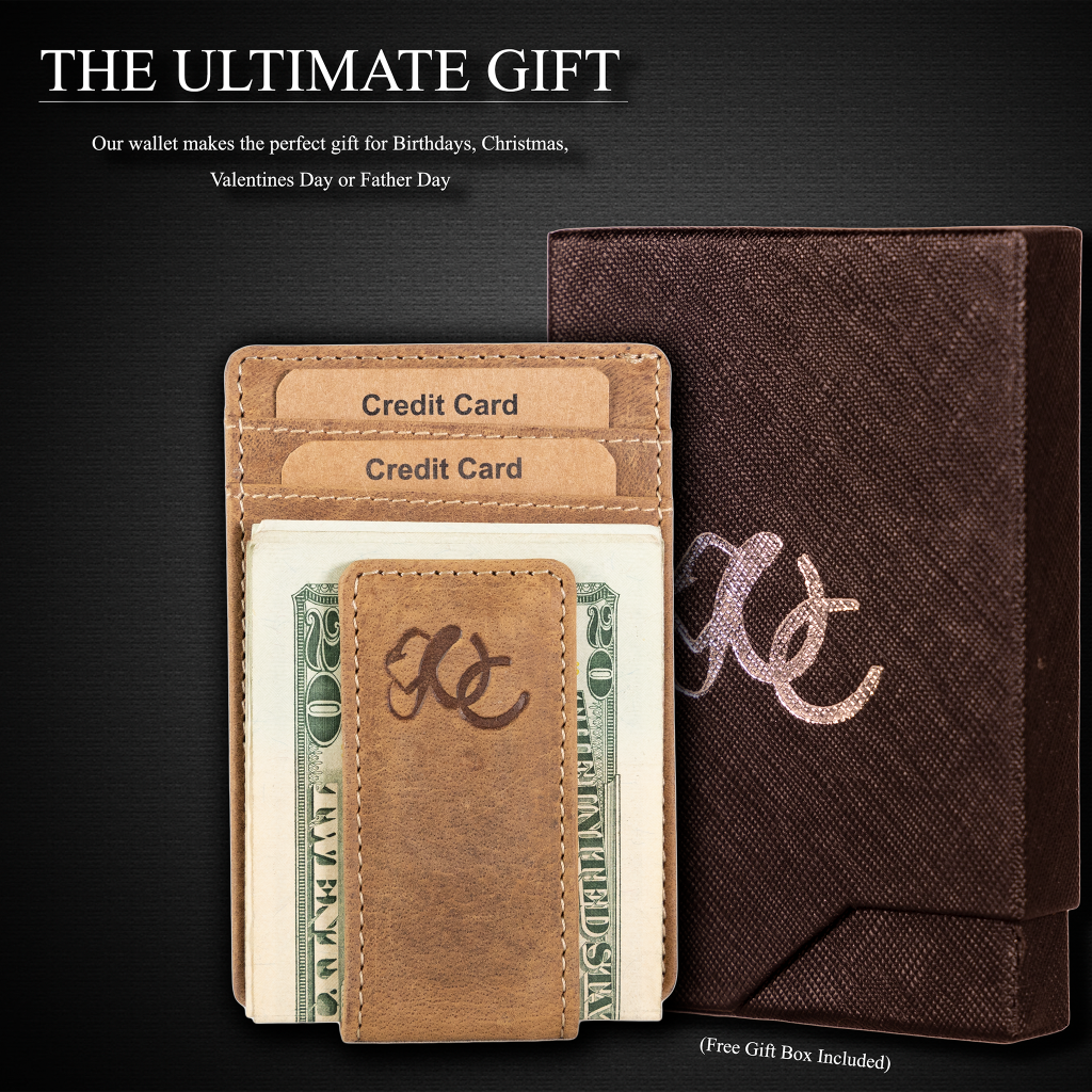 Slim front pocket wallet with full grain leather, RFID protection, magnetic cash clip, card slots, and rugged stitching-Brown with gift box