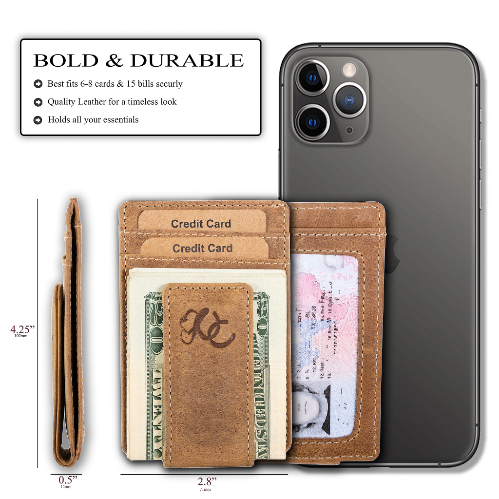 Slim front pocket wallet with full grain leather, RFID protection, magnetic cash clip, card slots, and rugged stitching-Brown- size and details