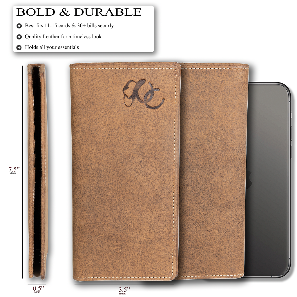 Leather rodeo wallet with tall design, full grain leather, RFID protection, multiple slots for cards, cash, and checkbook-Brown - size and details