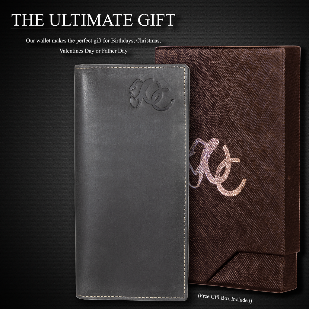 Leather rodeo wallet with tall design, full grain leather, RFID protection, multiple slots for cards, cash, and checkbook-Black with Gift Box