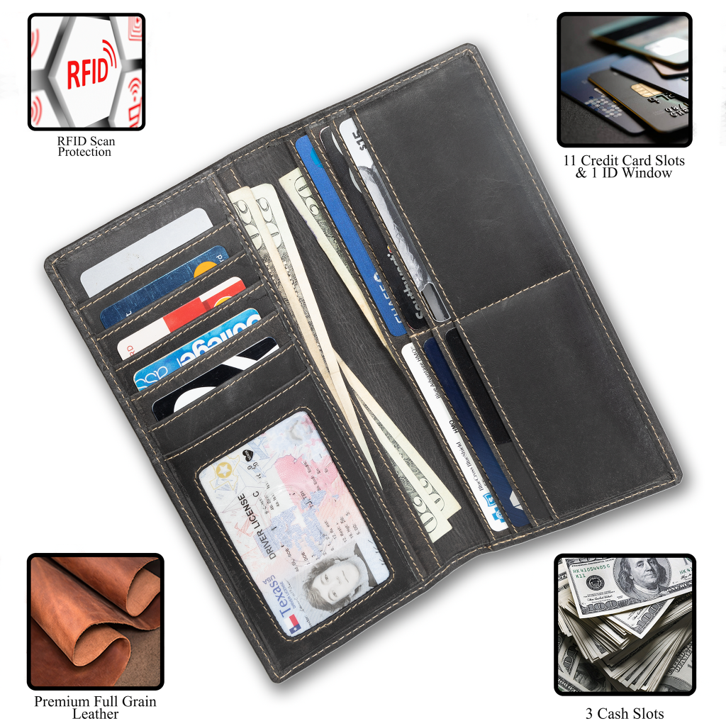 Leather rodeo wallet with tall design, full grain leather, RFID protection, multiple slots for cards, cash, and checkbook-Black-inside view with details