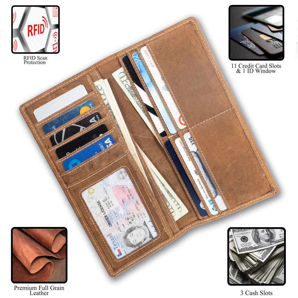 Leather rodeo wallet with tall design, full grain leather, RFID protection, multiple slots for cards, cash, and checkbook-Brown-inside with details