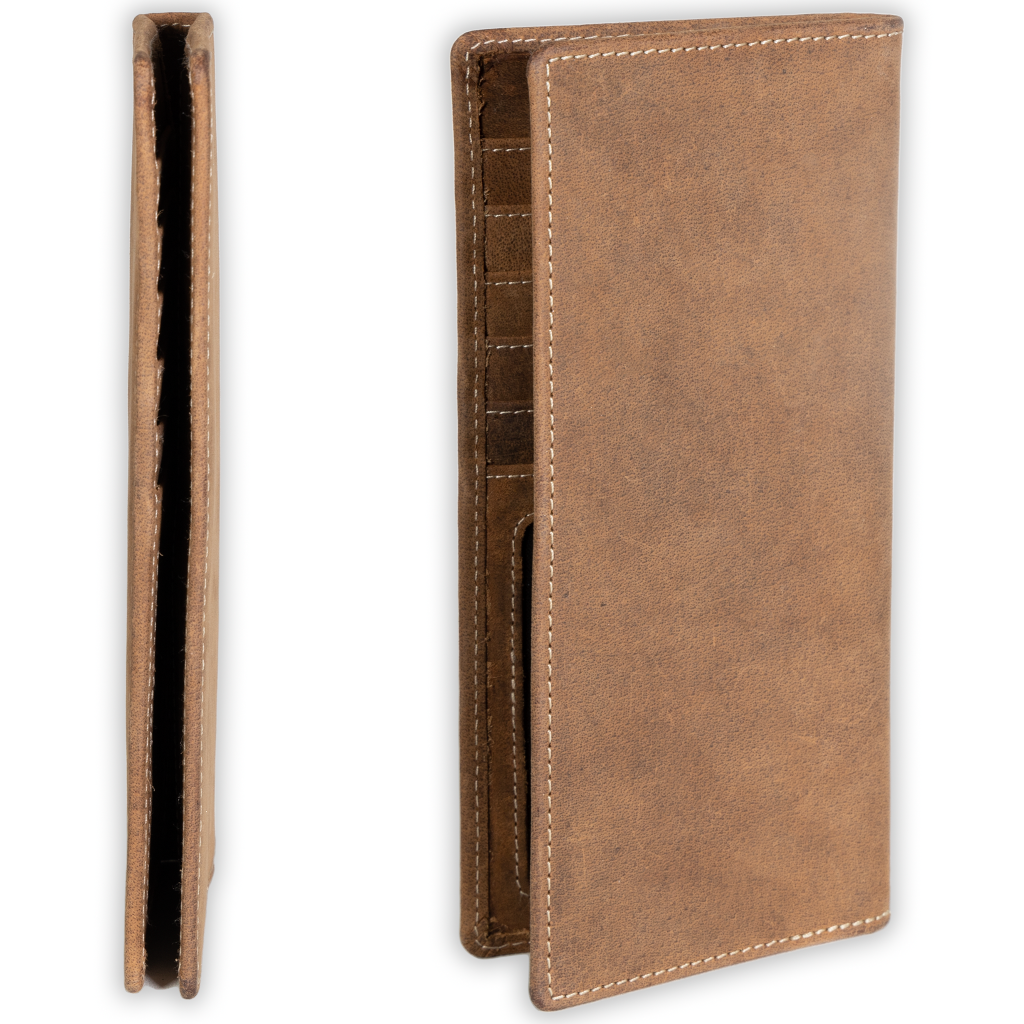 Leather rodeo wallet with tall design, full grain leather, RFID protection, multiple slots for cards, cash, and checkbook-Brown-tall and back view