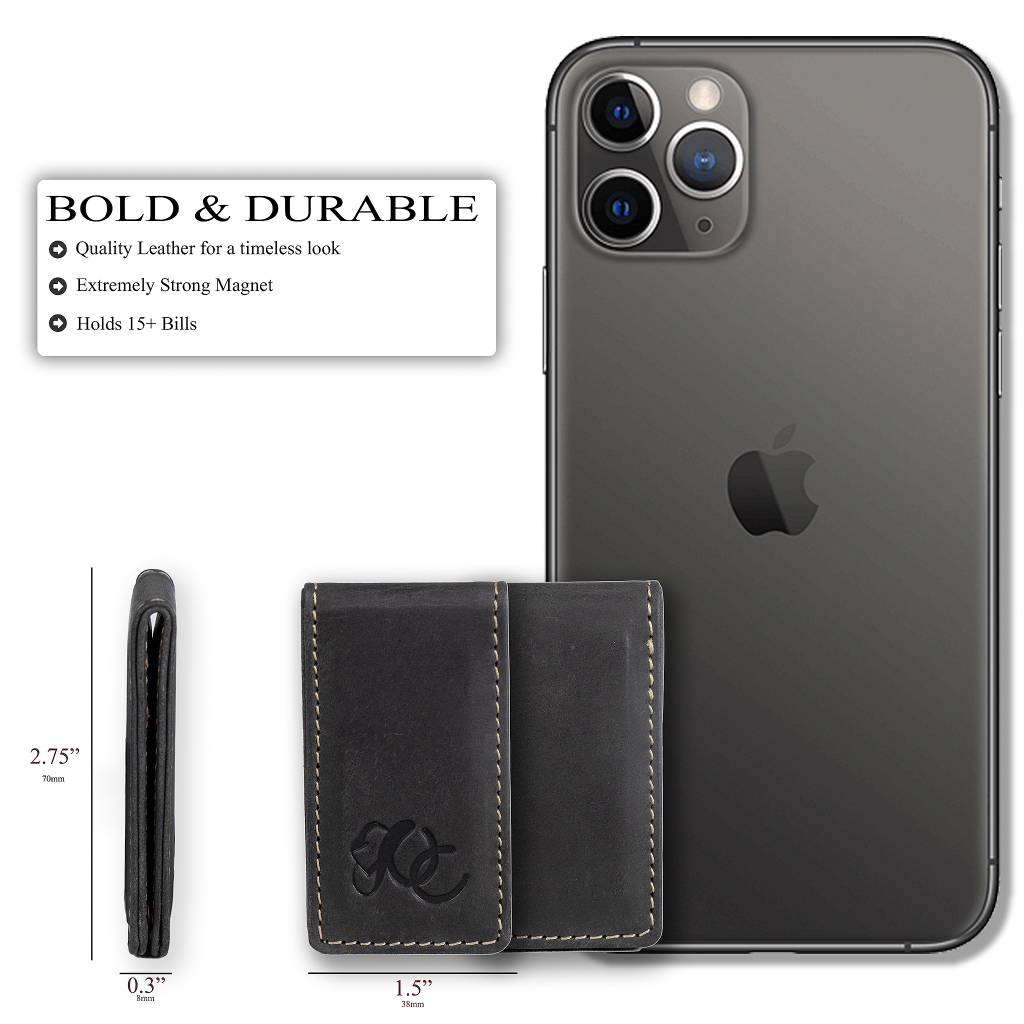 Strong magnetic cash holder in full grain leather with UC Leather Logo-Black